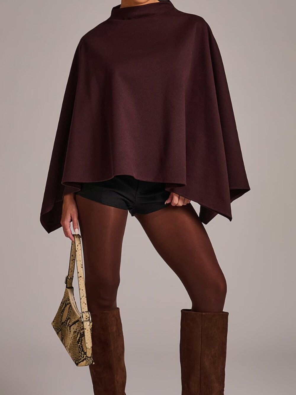 Burgundy Elegant Women's Funnel Neck Cloak Sleeve Cape Overcoat